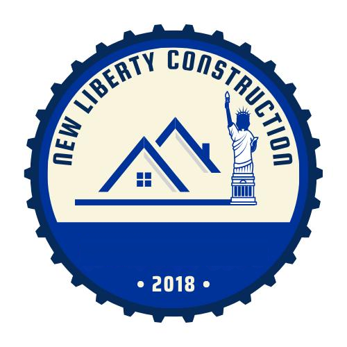Logo for New Liberty Construction with a house and Statue of Liberty inside a bottle cap design, blue and white.