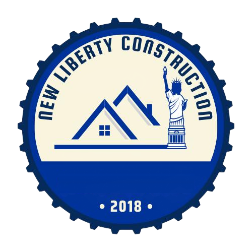 New Liberty Construction logo: Blue bottle cap design with a house icon, Statue of Liberty, and text.