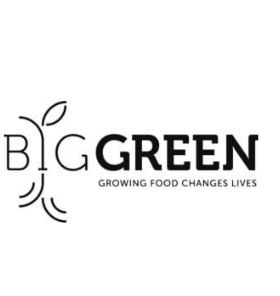 A black and white logo for big green growing food changes lives