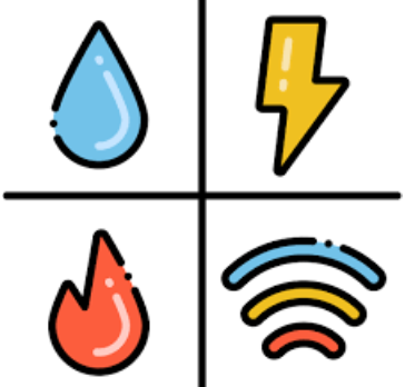 A water drop , a lightning bolt , a fire , and a wifi icon.