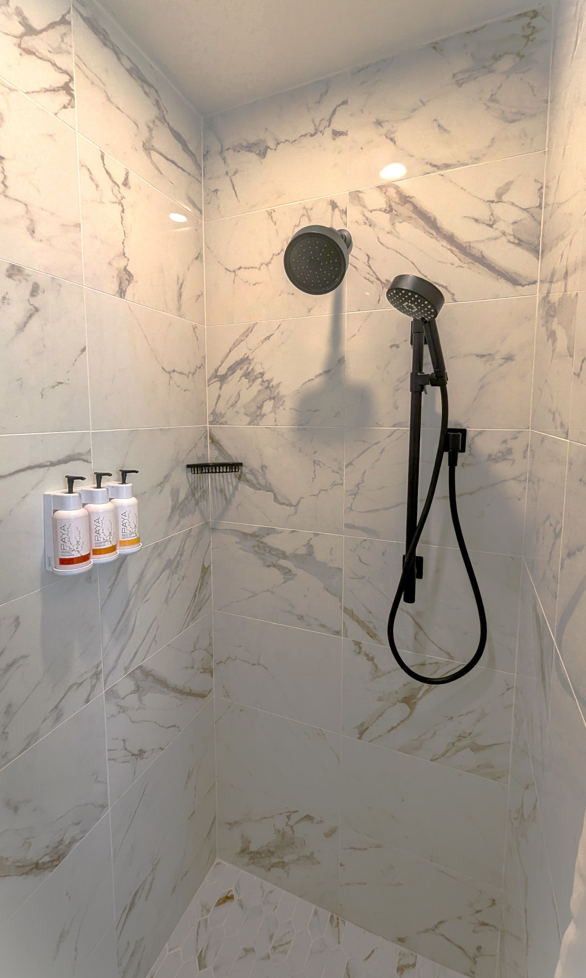 Shower with amenities dispenser and black fixtures