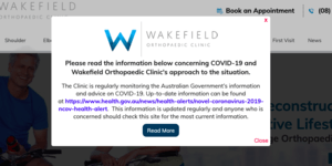 A wakefield orthopaedic clinic website has a popup asking people to read the information below concerning covid-19