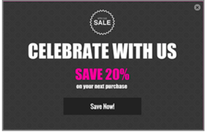 A black and pink ad that says celebrate with us save 20 % on your next purchase
