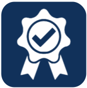 An icon of a ribbon with a check mark inside of it.