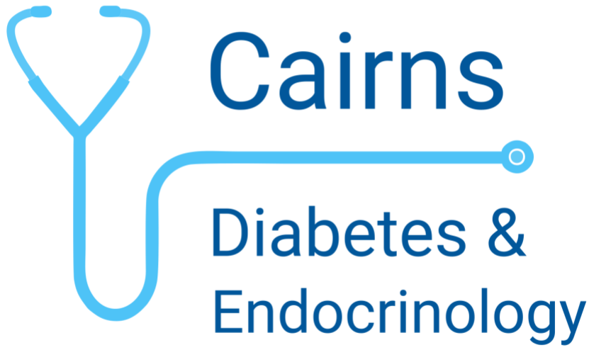 A logo for cairns diabetes and endocrinology with a stethoscope