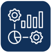 A line icon of a graph , gears , and a pie chart on a blue background.