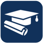 A graduation cap and diploma icon on a blue background.