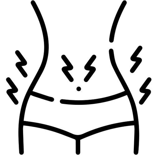 A line drawing of a woman 's stomach with lightning bolts coming out of it.