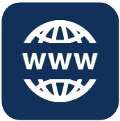 A white icon of a globe with the words `` www '' written inside of it on a blue background.