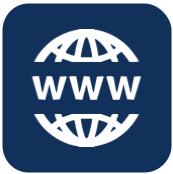 A white icon of a globe with the words `` www '' written inside of it on a blue background.