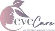 The logo for eve care obstetric and gynecology shows a woman 's face with leaves.
