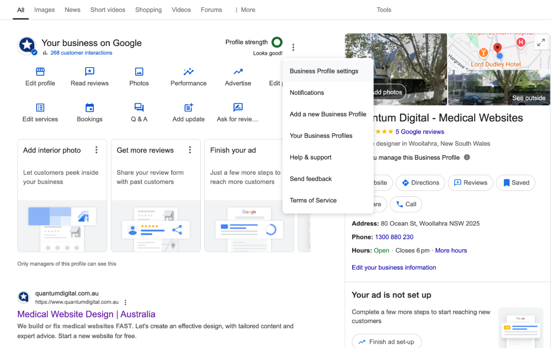 A screenshot of a google search page for a business.
