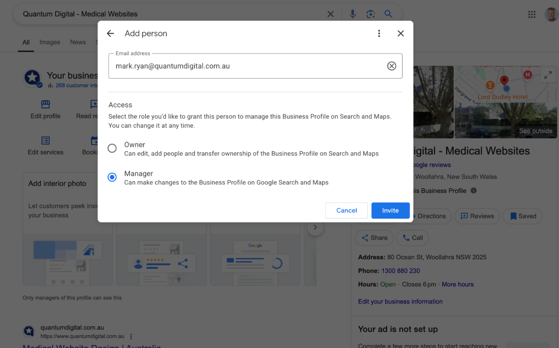 A screenshot of a google maps page with a popup window.