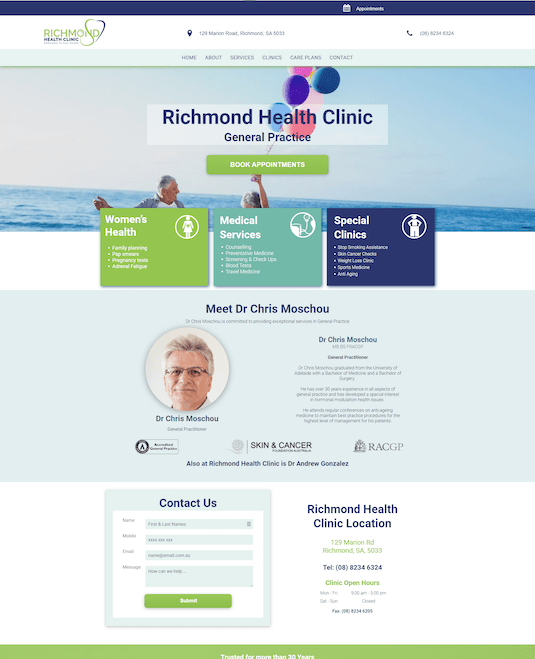 A screenshot of the website for the richmond health clinic.