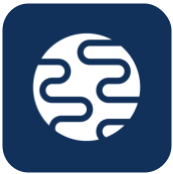 A white icon of a globe with a blue background.