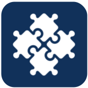 A blue square with four white puzzle pieces in it.