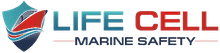The logo for life cell marine safety has a shield on it.