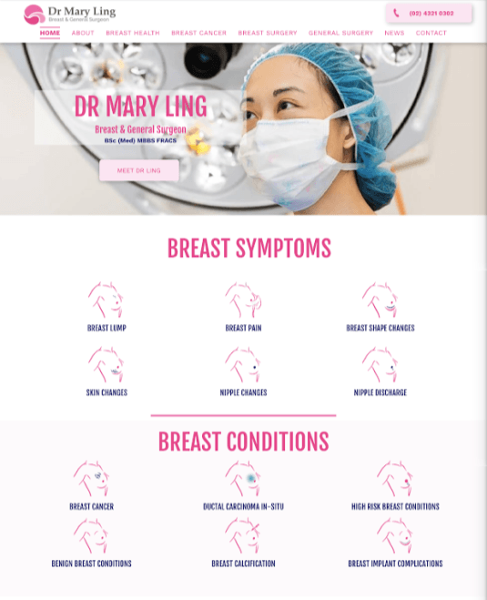 Custom design for Solo Breast Cancer Surgeon Website Desktop Version