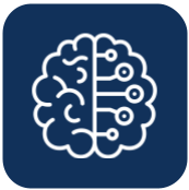 A white brain icon on a blue background.