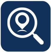 A magnifying glass with a map pin inside of it.