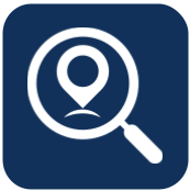 A magnifying glass with a map pin inside of it.