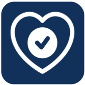 A heart with a check mark inside of it on a blue background.