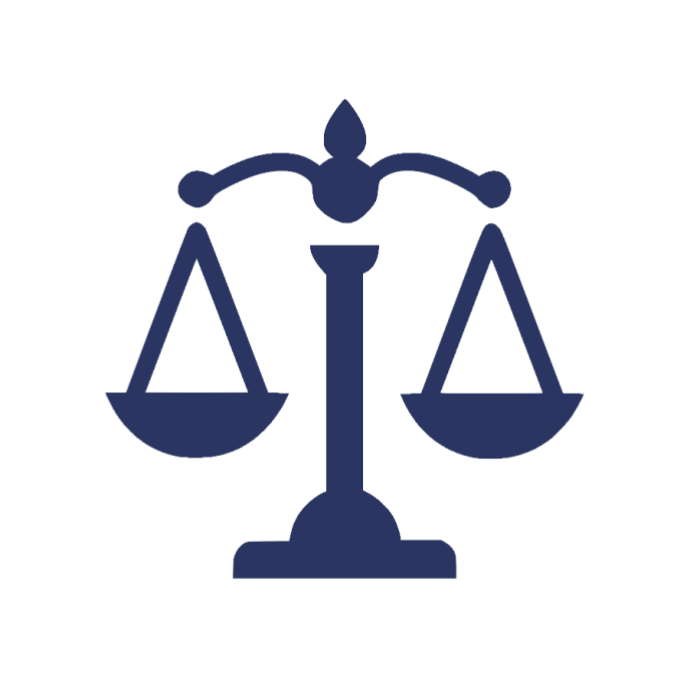 A blue scale of justice icon on a white background.