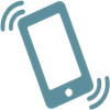 A blue icon of a cell phone with two waves coming out of it.
