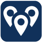 A blue square with three white pins on it.