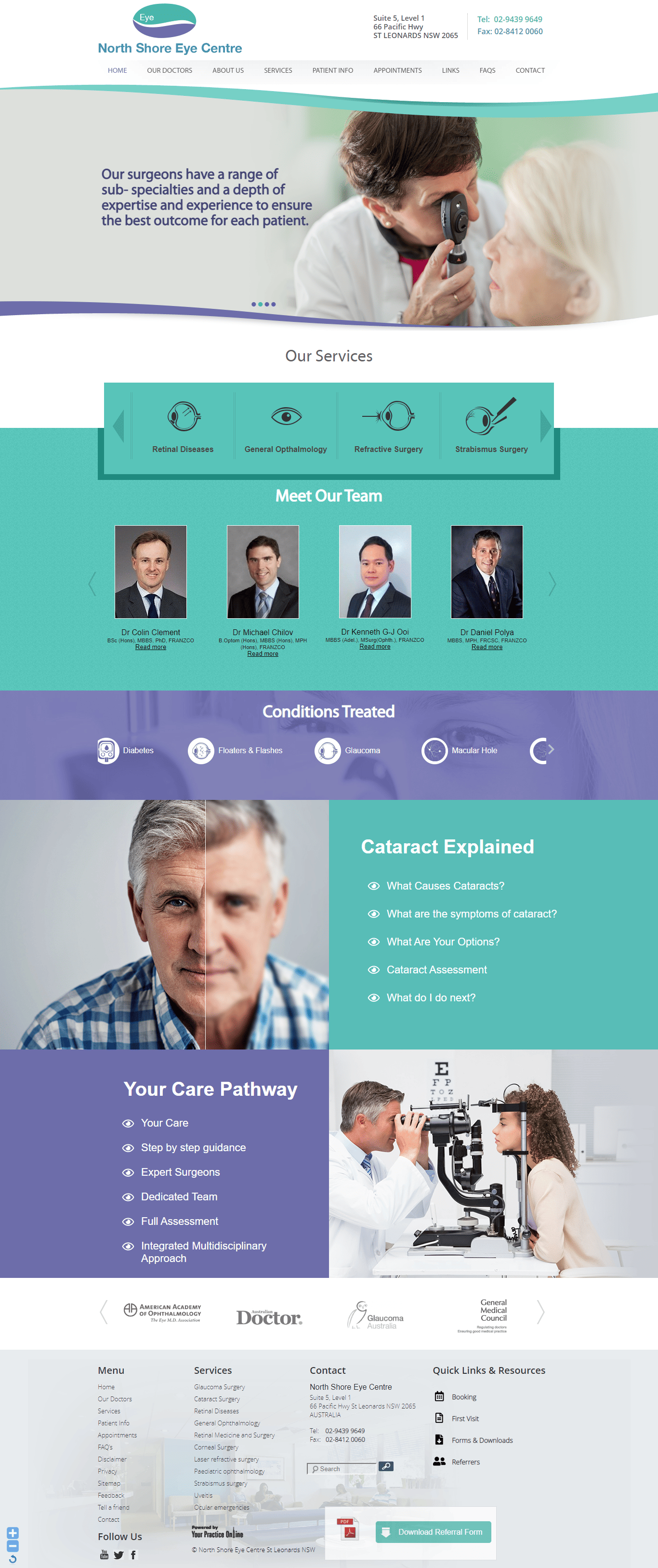 A man is looking through a microscope at an older woman.