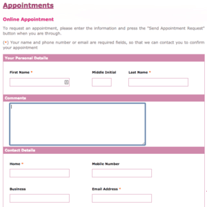 A pink and white appointment form on a website