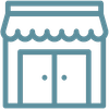 An icon of a store with two doors and a awning.