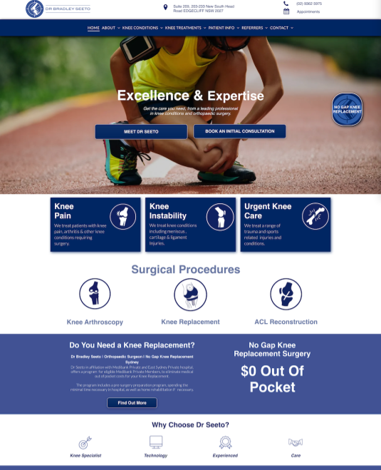 Custom Design for Knee Surgeon Practice Website  Desktop Version