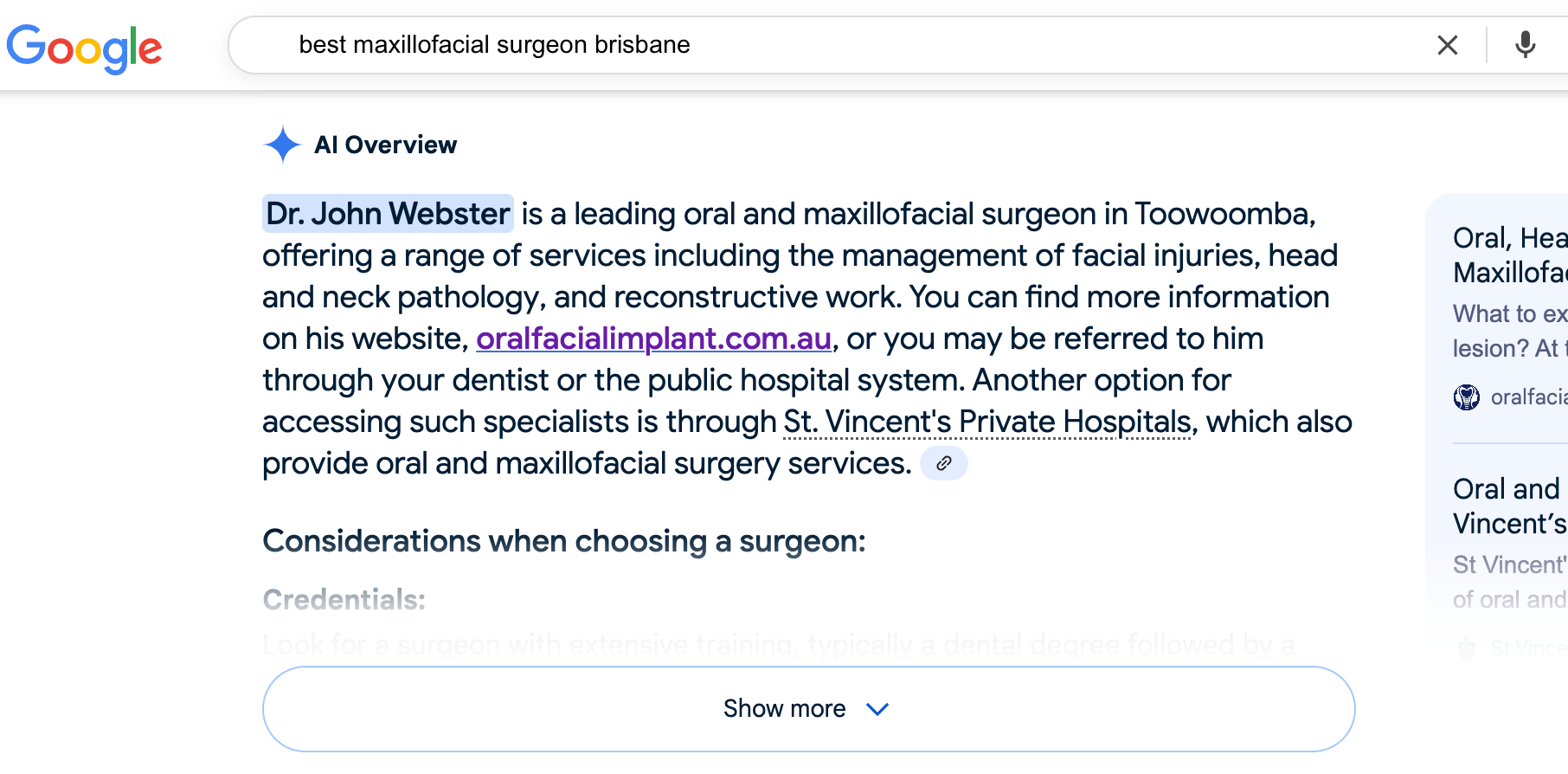 Google search results for oral and maxillofacial surgeon, highlighting Dr. John Webster.