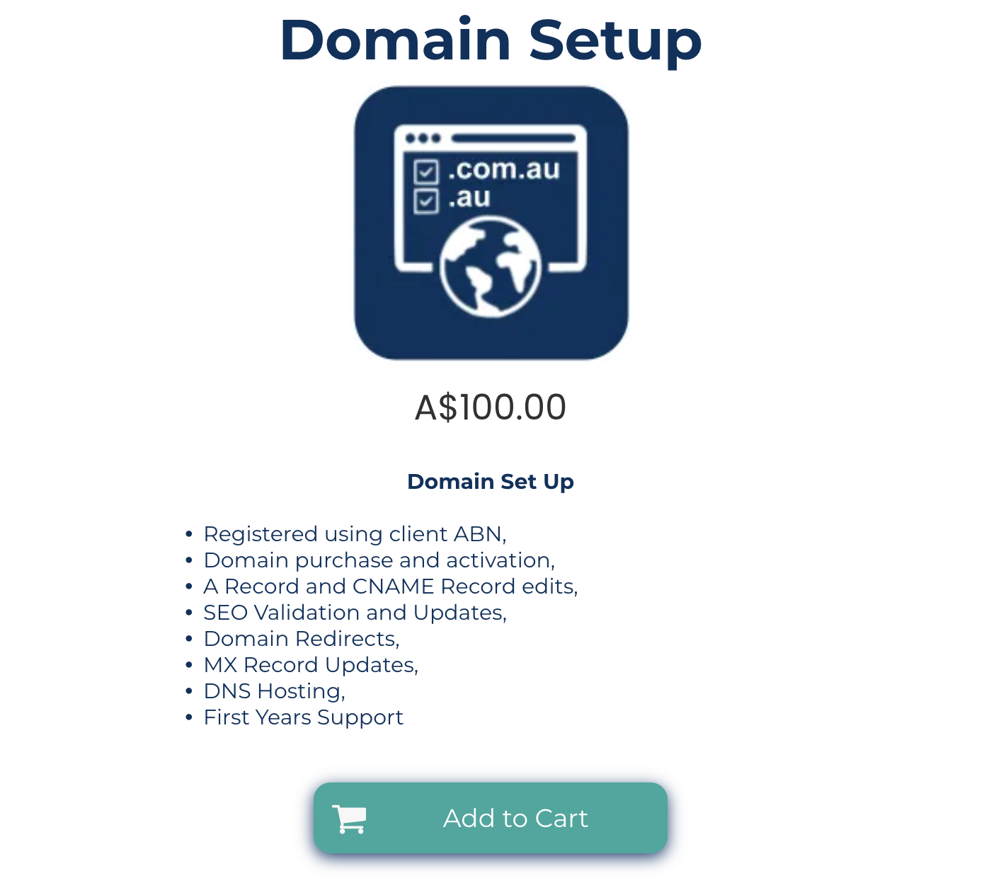 A screenshot of a domain setup page with a button to add to cart.