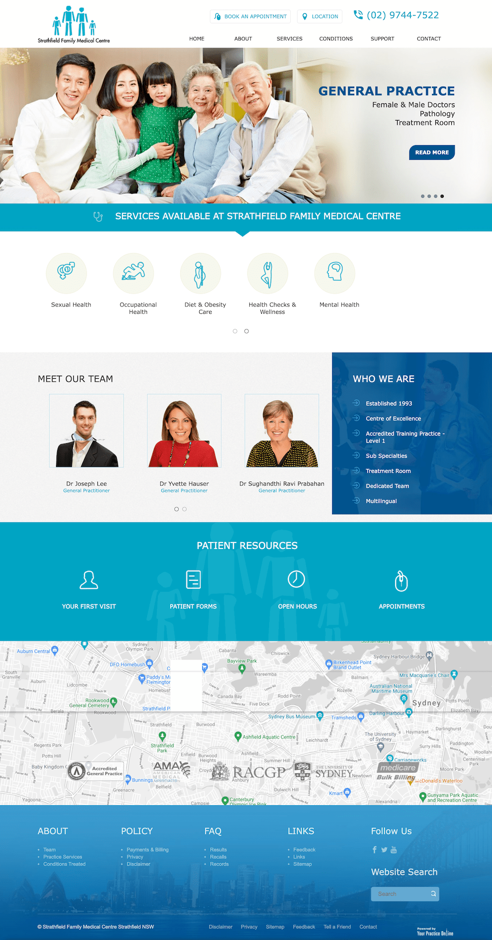 A screenshot of a website with a picture of a family on it.