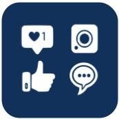 A set of social media icons on a blue background.