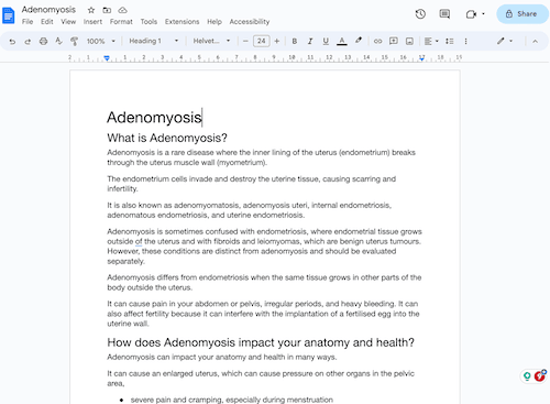 A screenshot of a google document titled adenomyosis.