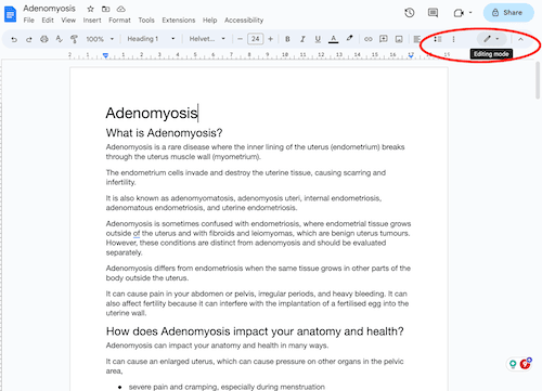 A document is open to a page that says ' adenomyosis ' on it.