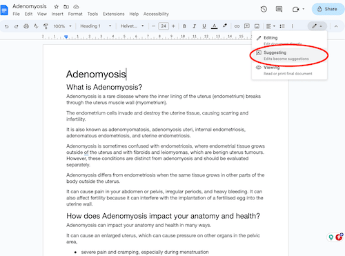 A computer screen shows a document about adenomyosis.