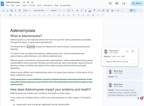 A screenshot of a google docs document about adenomyosis.