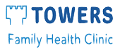 The logo for towers family health clinic is blue and white.