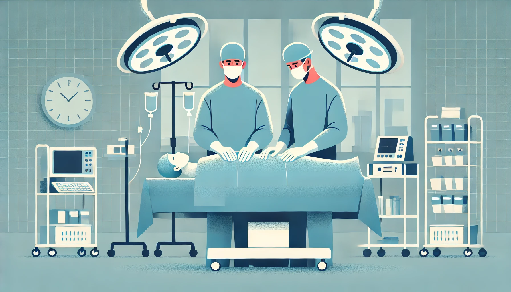 Two surgeons are operating on a patient in an operating room.