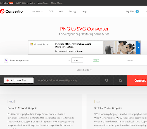 A screenshot of the png to svg converter website.