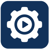 A gear with a play button inside of it on a blue background.