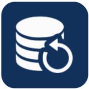 A white icon of a stack of coins with an arrow around it on a blue background.