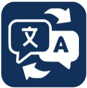 A blue and white icon of a speech bubble with chinese characters and arrows.