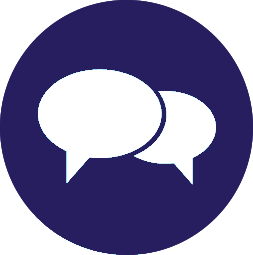 A blue circle with two white speech bubbles inside of it.