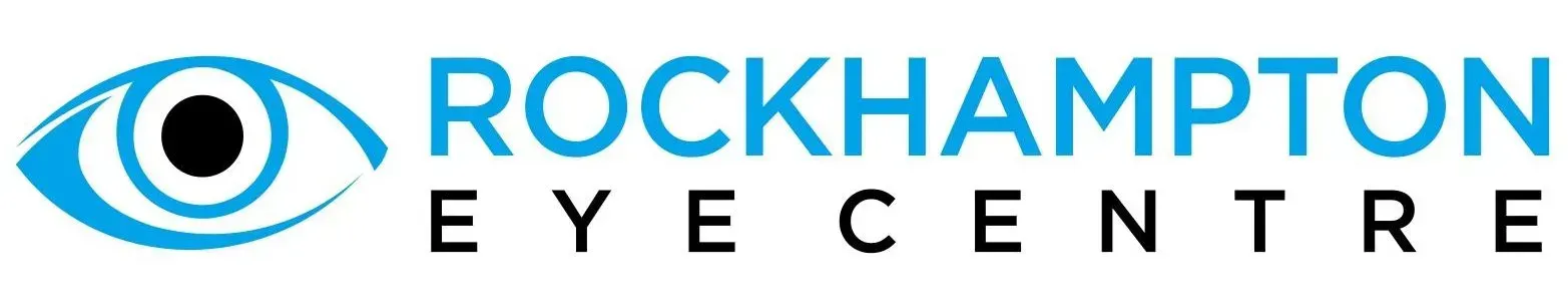 A logo for rockhampton eye centre with a blue eye