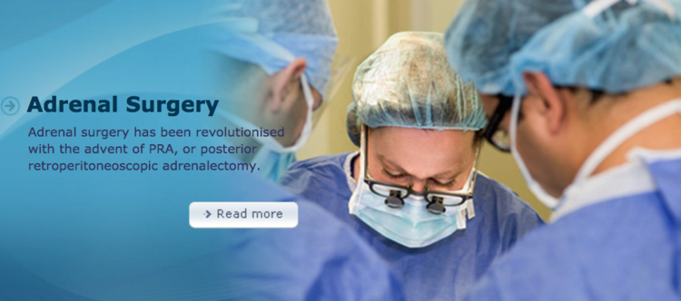 Two surgeons are performing an adrenal surgery on a patient